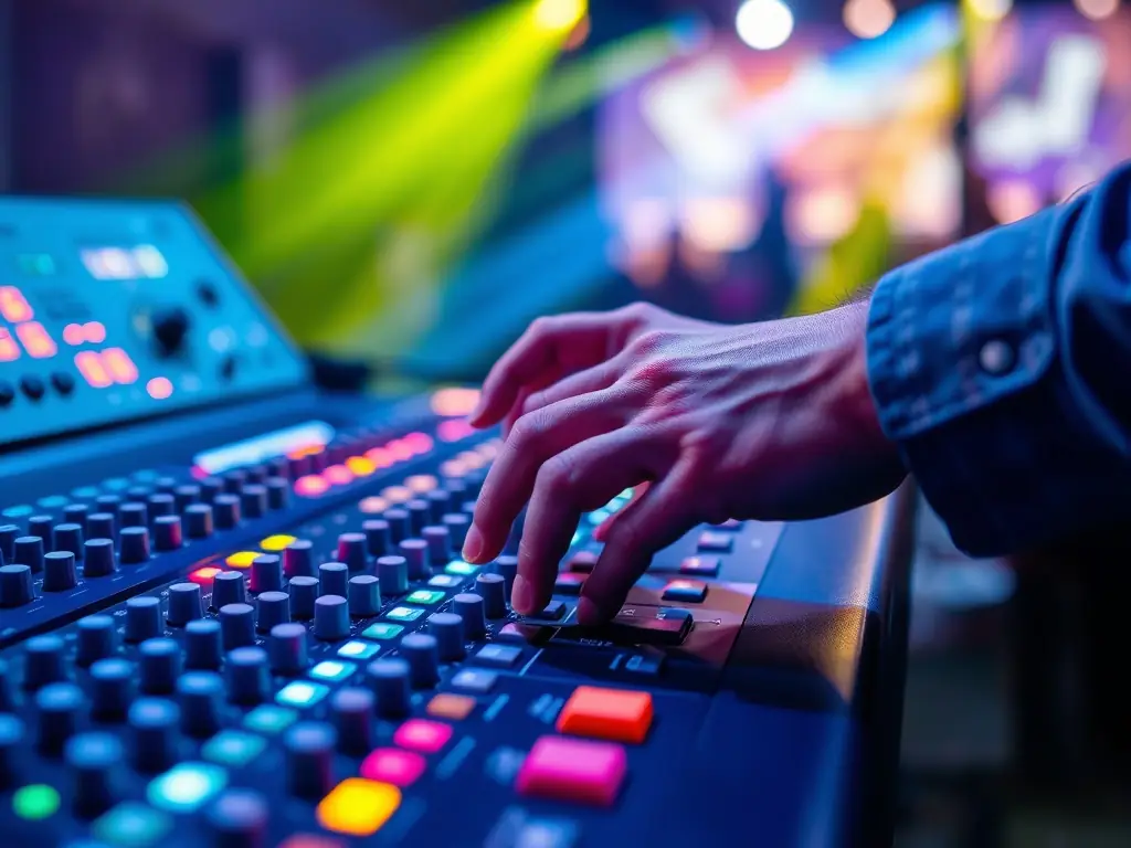 A professional photograph of a sound engineering team at work during a live event, showcasing the technical expertise and equipment used by ANIM'17 to deliver high-quality audio experiences.
