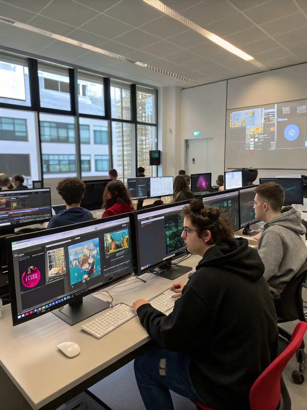 A dynamic image of an animation workshop led by ANIM'17, with participants of various ages learning animation techniques on computers.