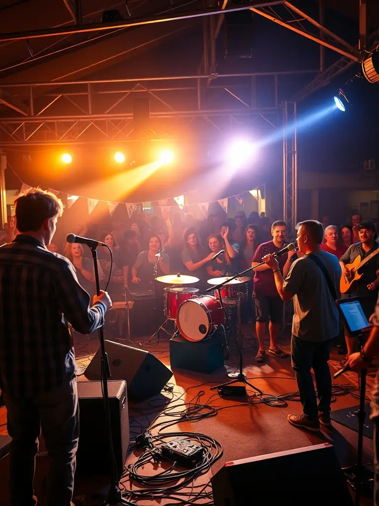 A vibrant photograph capturing a live music performance at a local community center, showcasing the energy and engagement of the audience.