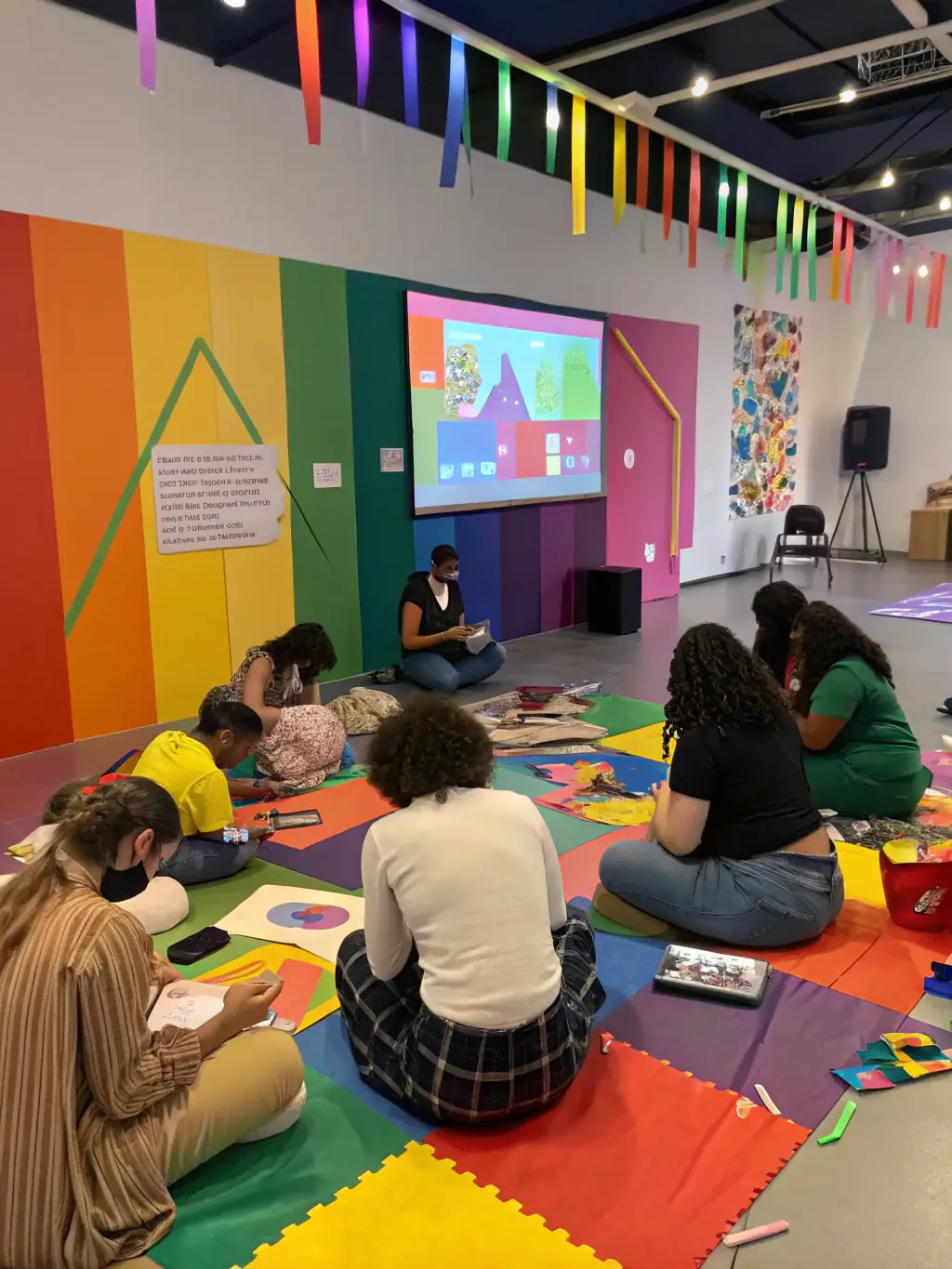 A vibrant photograph capturing a community animation workshop in progress, showcasing participants of diverse ages collaborating on a stop-motion animation project, with ANIM'17 instructors guiding them.