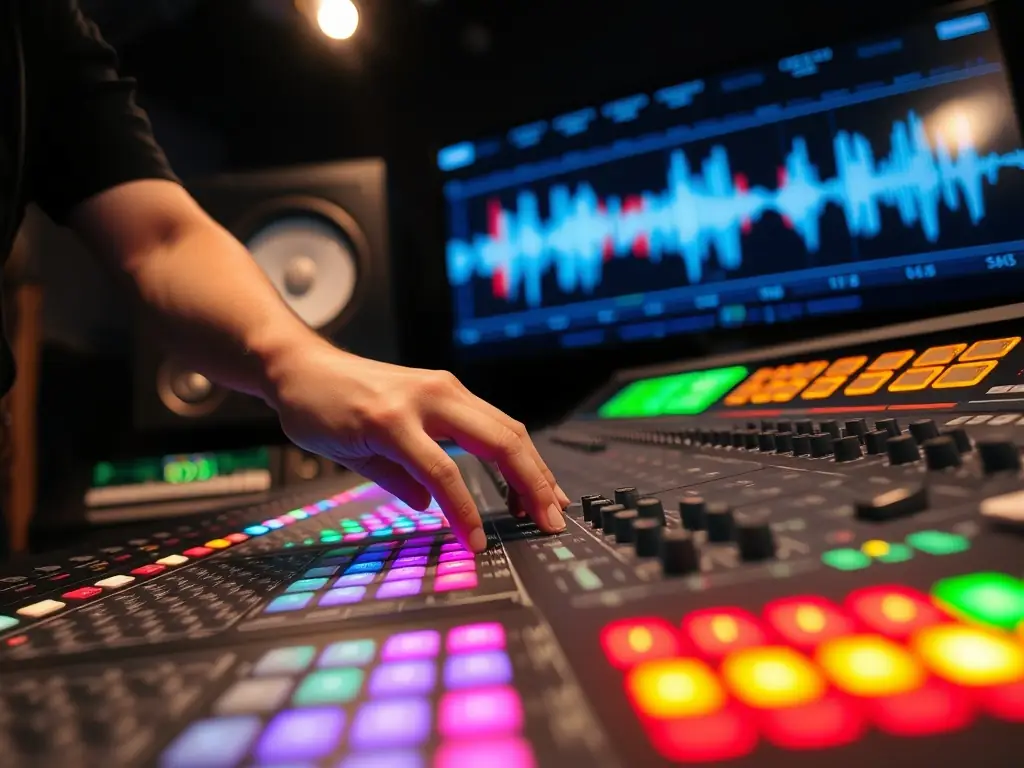 A photograph of a sound engineering team working on a live event, showcasing the technical expertise and equipment used by ANIM'17.
