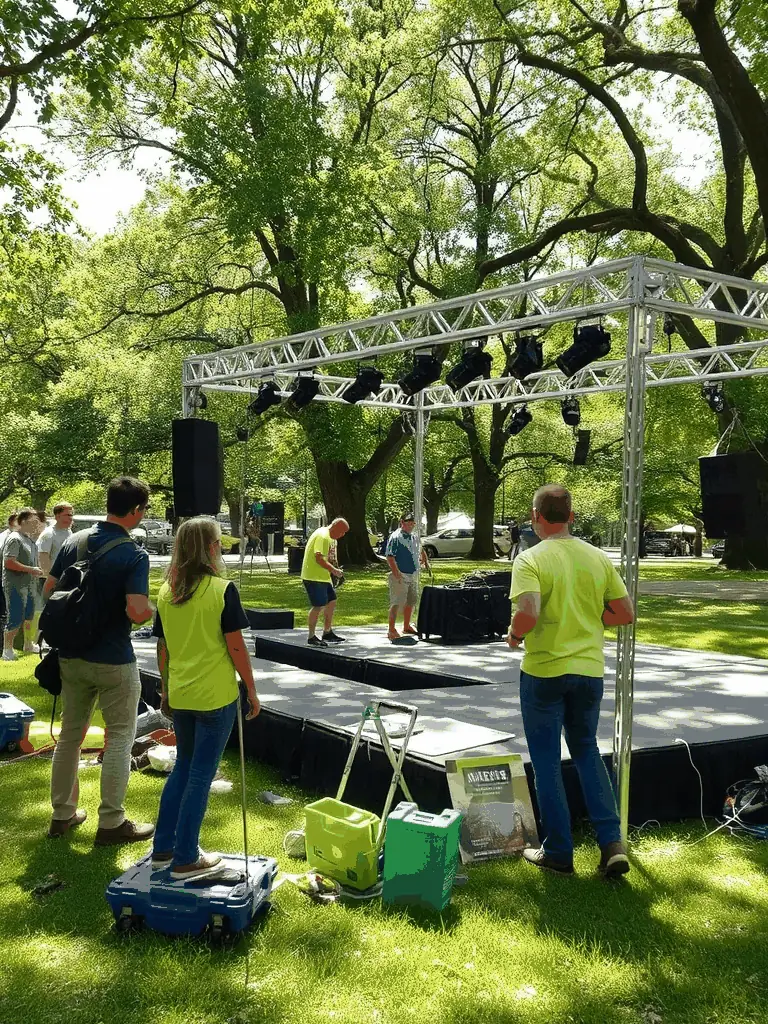 A photo of volunteers setting up for an outdoor theater performance, emphasizing the collaborative effort and community spirit.