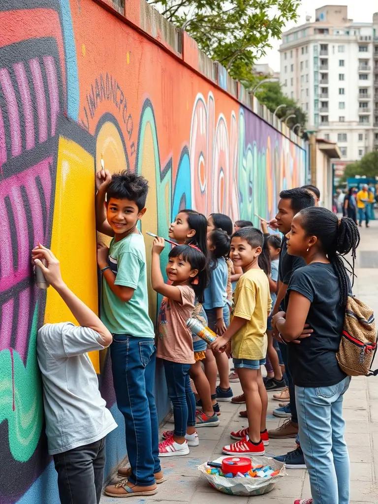 A dynamic image of a street art workshop in progress, with participants of all ages creating colorful murals on a public wall.