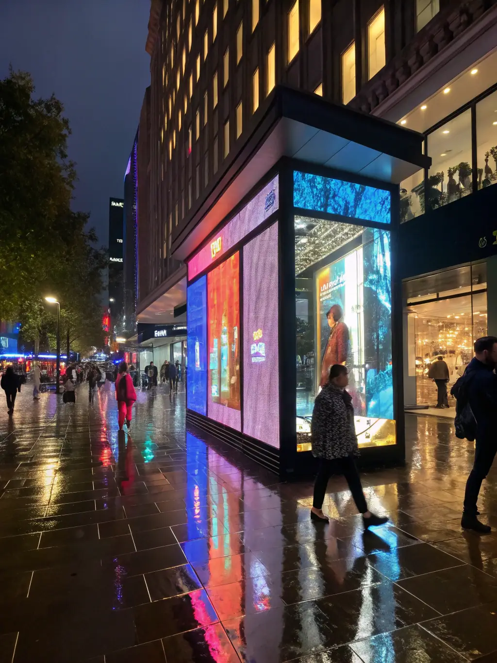A photo of a public art installation created by ANIM'17, featuring interactive animated projections on a building facade, engaging passersby and transforming the urban environment.