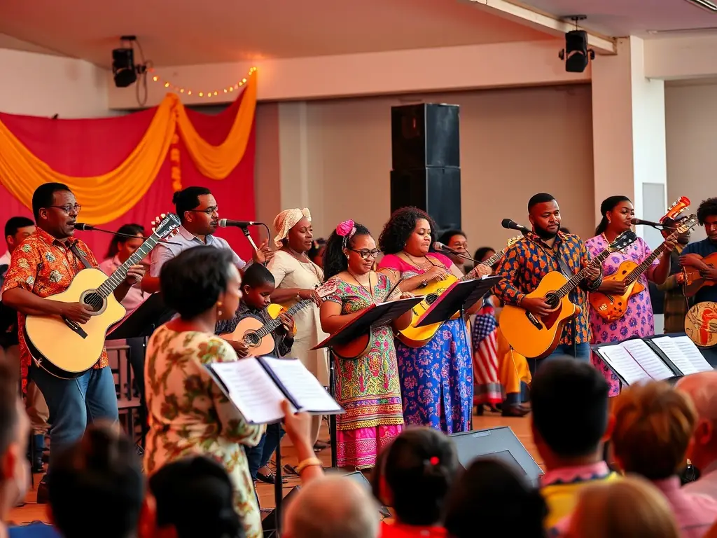 A vibrant photograph capturing a live music performance organized by ANIM'17, featuring diverse musicians and an engaged audience in a community setting.