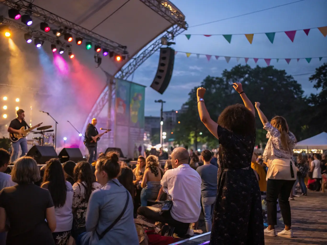 A vibrant photograph capturing a live music performance organized by ANIM'17, showcasing musicians on stage with a diverse audience enjoying the show.