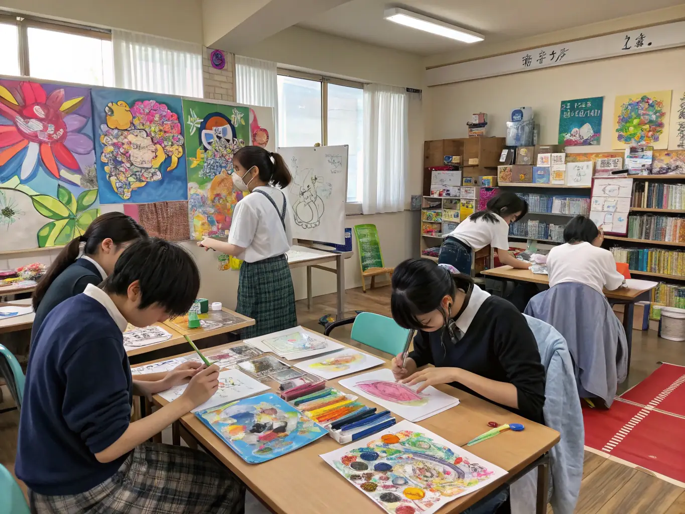 A dynamic image of an animation workshop in progress, with participants of various ages learning animation techniques from experienced instructors.