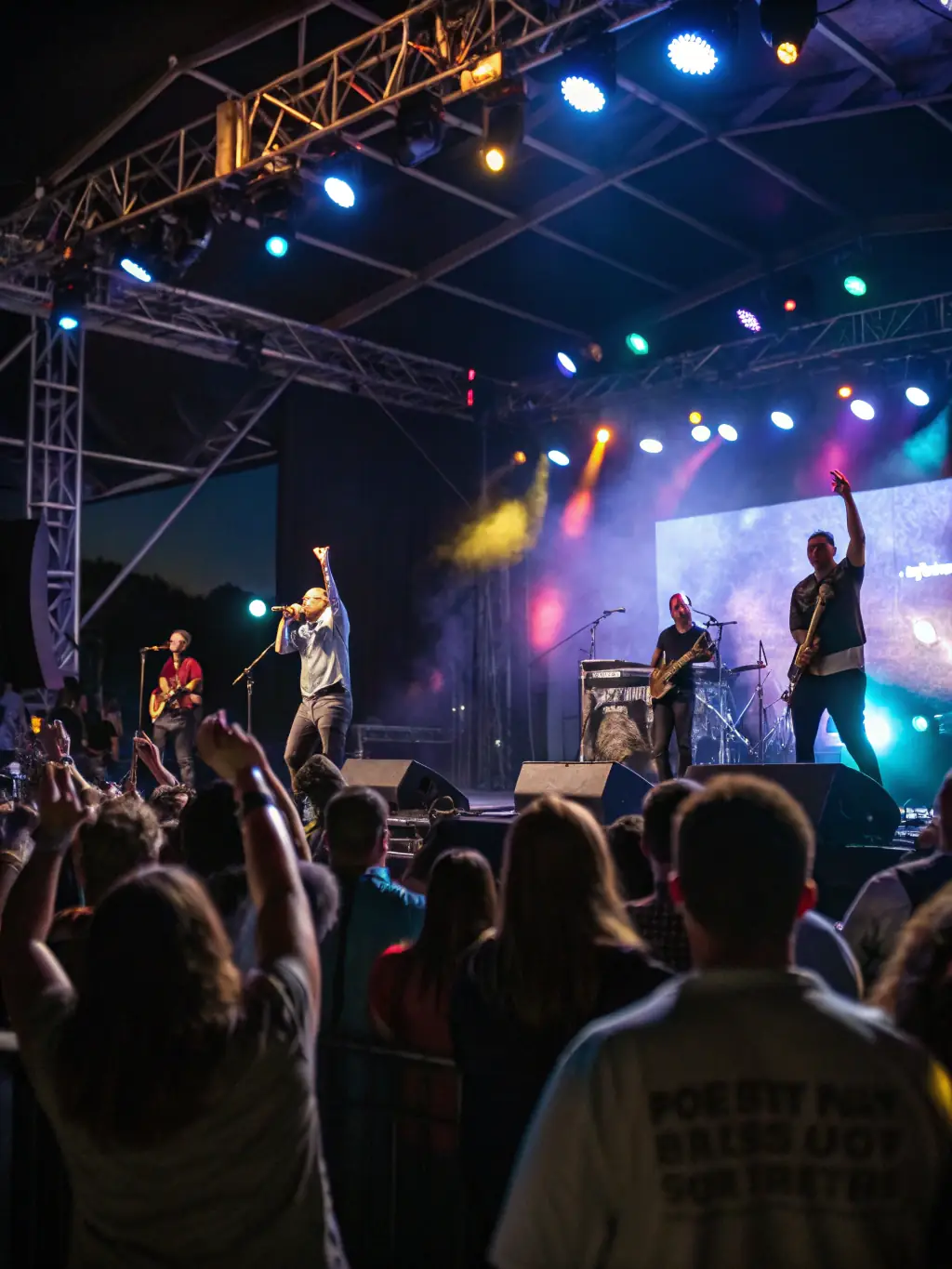 A vibrant photograph capturing a live music performance organized by ANIM'17, showcasing musicians on stage with a diverse audience enjoying the show.