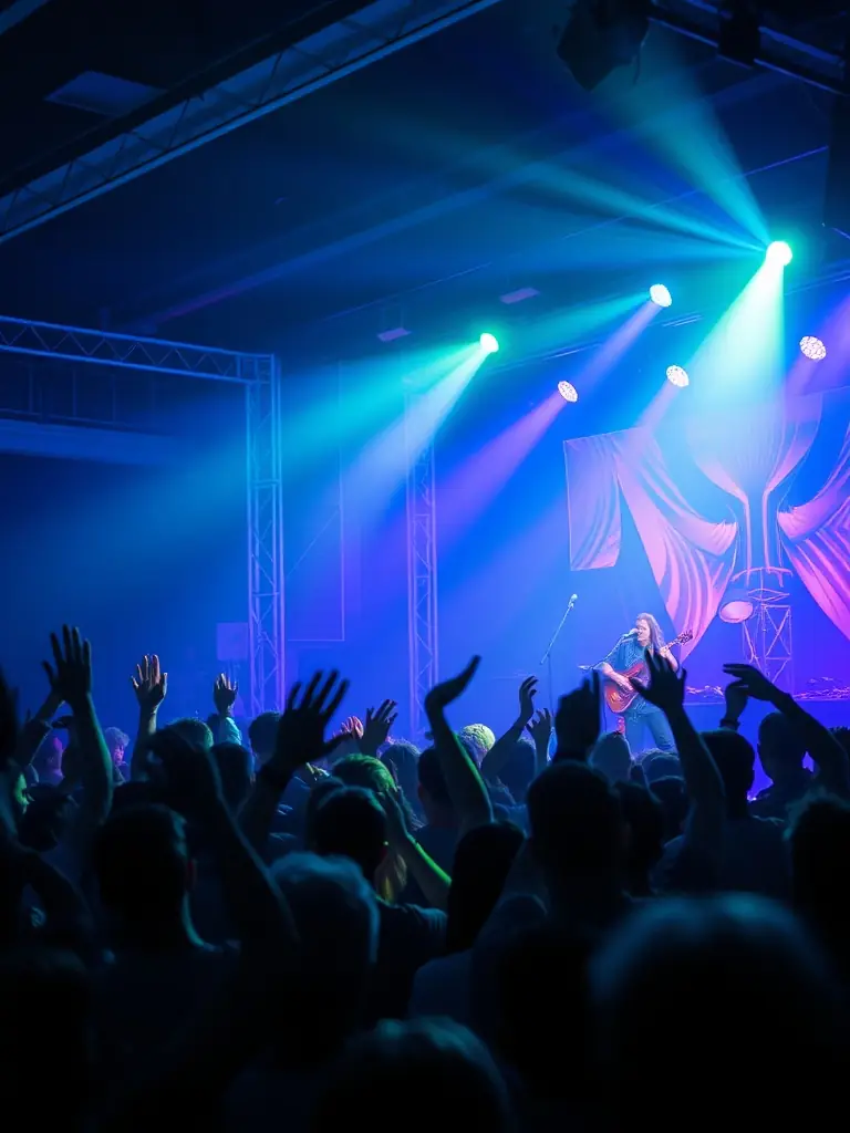 A dynamic image of a live performance event supported by ANIM'17, featuring musicians and visual artists collaborating on stage, with colorful lighting and enthusiastic audience members.